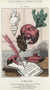 Le Radis: Tegnefilm om Félix Pyat (1810 - 1889) - ill. af 02/02/187 i "Dagens blomster, frugter og grøntsager" af Alfred Le Petit