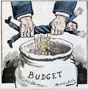 Stakkels skatteyder, tak til imperiet! : tegneserie om skatter og budget - af A. Le Petitty, i "Le Sans-Culotte""