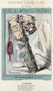 The Ivy: Cartoon on Jules Armand (Jules-Armand) Dufaure (1798-1881) i efeu, der omgiver en papirrulle med "Charter of 1830" skrevet på den og et segl med hovedet af kong Louis Philippe 1. - syg. af 04/03/1871 i ” Blomster, Frugter og Grøntsager af af Alfred Le Petit