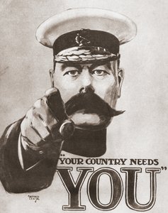 Den britiske rekrutteringsplakat fra 1914, der forestiller Lord Kitchener med ordene "Your Country Needs You". Fra The Story of Seventy Momentous Years, udgivet af Odhams Press 1937.