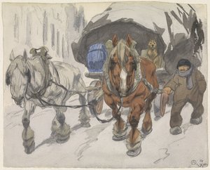 Bondevogn med to heste foran af Alfred Ost
