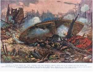 Kaptajn A.M. Inglis bringer sin tank frem over meget vanskeligt terræn, efter at et af dens hjul var blevet sprængt af, illustration fra 