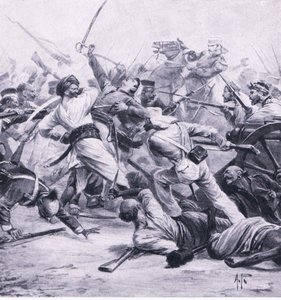 Nicholsons nederlag af oprørerne ved Najafgarh, 2. august 1857, illustration fra British Battles on Land and Sea, 1915 af Alfred Pearse