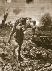 Midlertidig løjtnant G. St. G. S. Cather bringer en såret mand ind med fuldt udsyn over fjenden og under maskingevær- og artilleriild af Alfred Pearse