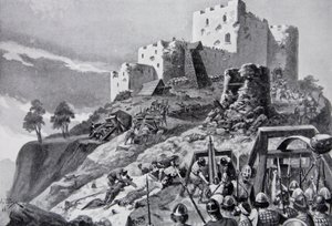 Det walisiske angreb på Montgomery Castle i 1095 ledet af Cadwgan ap Bleddyn, Prince of Powys, illustration fra 