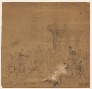 Søger ruiner efter et pengeskab efter Chicago-branden i 1871 (blyant og kridt på papir) af Alfred Rudolph Waud