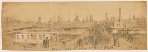 Udsigt fra Erie Street Bridge mod øst under Chicago-branden i 1871 af Alfred Rudolph Waud