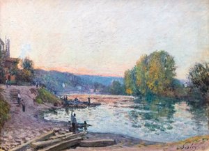 Banks of the Seine, sollyseffekt i skumringen, dato ukendt (olie på lærred) af Alfred Sisley
