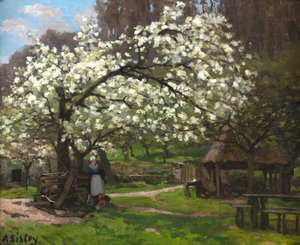 Forår, bondekone under blomstrende træer Forår, bondekone under..., ca. 1865. af Alfred Sisley