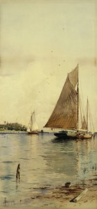Tørring af sejl, østersbåde, Patchogue, Long Island, af Alfred Thompson Bricher