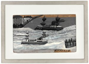 Kanonbåde i krigstid (olie på panel) (se også 1074078) af Alfred Wallis
