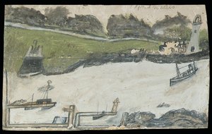 Havnescene med slot og fyrtårn (blyant og olie på kort) af Alfred Wallis