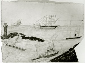 Tre sejlskibe, to dampskibe og Godrevy Lighthouse, ca. 1935-38 (olie og blyant på kort) af Alfred Wallis