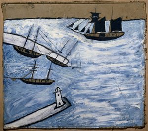 Udsigt over havnen og fyrtårnet i Saint Ives (Cornwall, England). Olie og blyant på karton, af Alfred Wallis (1855-1942) af Alfred Wallis