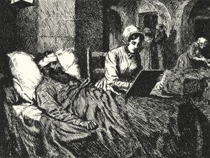Den engelske sygeplejerske Florence Nightingale skriver et brev til en soldat, der blev såret i Krim-krigen på hospitalet i Scutari, 1855
