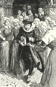 Den skotske præst William Annand fordømt af kvinderne i Edinburgh for at prædike fra den nye bønnebog i St Giles Cathedral, 1637 af Alfred Wallis Mills