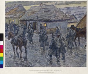 Ærede tropper marcherer mod Lubartov 1915 (print) af Alfred Wesemann