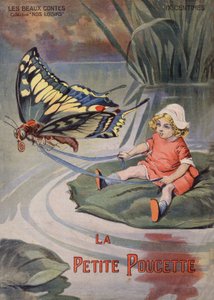 Den lille tommelfinger. En lille bitte pige, der sidder på en åkande, trækker i en sommerfugl. Fortælling af HC Andersen (1805-1875). Illustration af Vaccari og Carrey i "" Les beaux tales"" samling "" Nos loisirs""" omkring 1910. Privat samling.