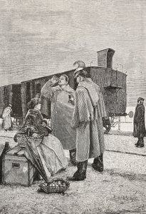 Five Minutes Stop, to mænd, der står ved et tog, holder op med at drikke og spise, gravering fra et maleri af Alfredo Luxoro (1859-1918), fra L