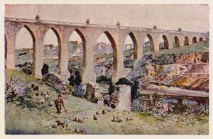 Aques Livres Akvædukt, Lissabon (farvelitografi) af Alfredo Roque Gameiro