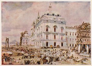 Opførelse af palads-klosteret i Mafra, Portugal (farvelitografi) af Alfredo Roque Gameiro