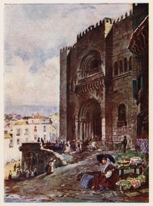Den gamle bydel i Coimbra, Portugal (farvelitografi)