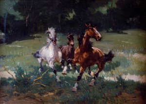 Running Horses, maleri af Alfredo Tominz (1854-1936), olie på pap, 67x48 cm, Italien