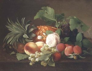 Stilleben med ananas, ferskner, blommer og vindruer af Alfrida Vilhelmine Ludovica Baadsgaard