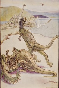 En mesozoisk scene, der viser Deinotheria, illustration fra 