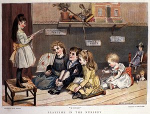 Børneleg: “”koncerten””” En lille pige synger foran et publikum af børn og legetøj. Tegning af Alice Havers. 1877