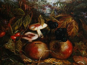 Stilleben med svampe, æbler og brombær af Alice M Wilson