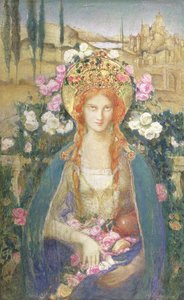 St. Elizabeth af Ungarn, 1916 (tempera på papir lagt om bord med bladguld indsat med halvædelsten på diadem relief) af Alice Macallan Swan