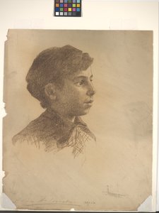 Hoved (farveblyant på råhvidt papir) af Alice Woods
