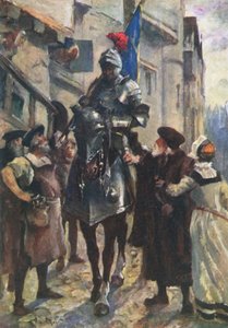 En budbringer fra Flodden, der bringer de dårlige nyheder til Edinburgh (farve litho) af Allan (after) Stewart
