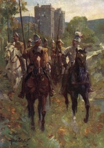 "Border Reivers" begiver sig ud på et kvægraid (farve litho)