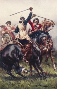 Kamp mellem en Ironside og en Cavalier (farve litho) af Allan (after) Stewart