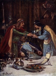 Forgiftning af kong Aethelbert II af East Anglia af Cynethryth, kone til Offa II af Mercia, 794 (farve litho) af Allan (after) Stewart