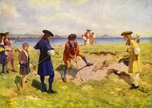Den første internationale foursome, golfspillere i det 17. århundrede (farve litho)