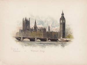 Kendte London: Houses of Parliament og Westminster Bridge (farvelitografi) af Allan F. Barraud