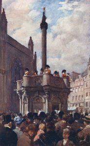 En kongelig proklamation fra Mercat Cross (farve litho) af Allan Stewart
