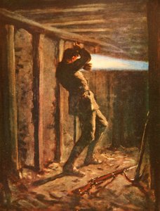En tunge af blå flamme, der skyder ud fra fjendens side af et minegalleri og alvorligt brændende Private Bytheway (farve litho)