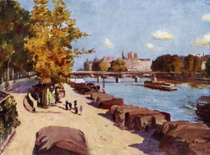 Paris: Seinen og Ile de la Cite fra Pont du Carrousel (farve litho) af Allan Stewart