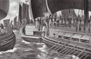 Historiens første søslag (litografi) af Allan Stewart
