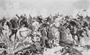 Rajputernes sidste kamp mod muhammedanerne i 1192 AD (litografi) af Allan Stewart