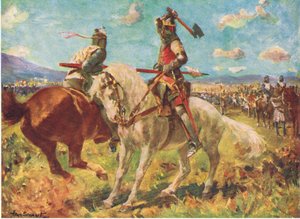 Kampen mellem kong Robert the Bruce og Sir Henry de Bohun ved Bannockburn (farve litho)