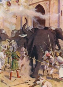 Krigselefanter angriber portene til fortet ved Arcot (farvelitografi) af Allan Stewart