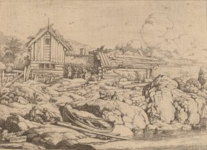 Båd ved en flodbred med tre geder, sandsynligvis ca. 16451656. af Allart van Everdingen