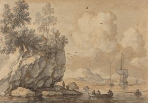 Figurer i robåde i en klippefyldt vig, sejlskibe hinsides.