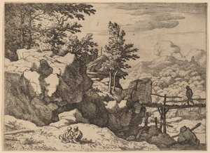 Mand på en lille træbro, sandsynligvis ca. 16451656. af Allart van Everdingen