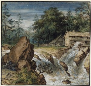 Nordisk landskab med en tegner ved et vandfald af Allart van Everdingen